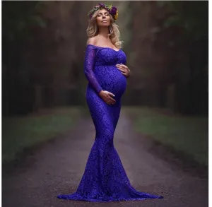Babymoon Lace Off Shoulder Maternity Gown Dress  - Blue