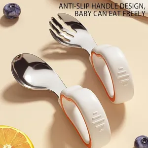 Babymoon Learn to Eat Steel Baby Kids Spoon and Fork Feeding Set with Storage Box | Self Feeding Set | Orange