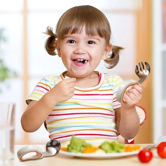 Babymoon Learn to Eat Steel Baby Kids Spoon and Fork Feeding Set with Storage Box | Self Feeding Set | Orange